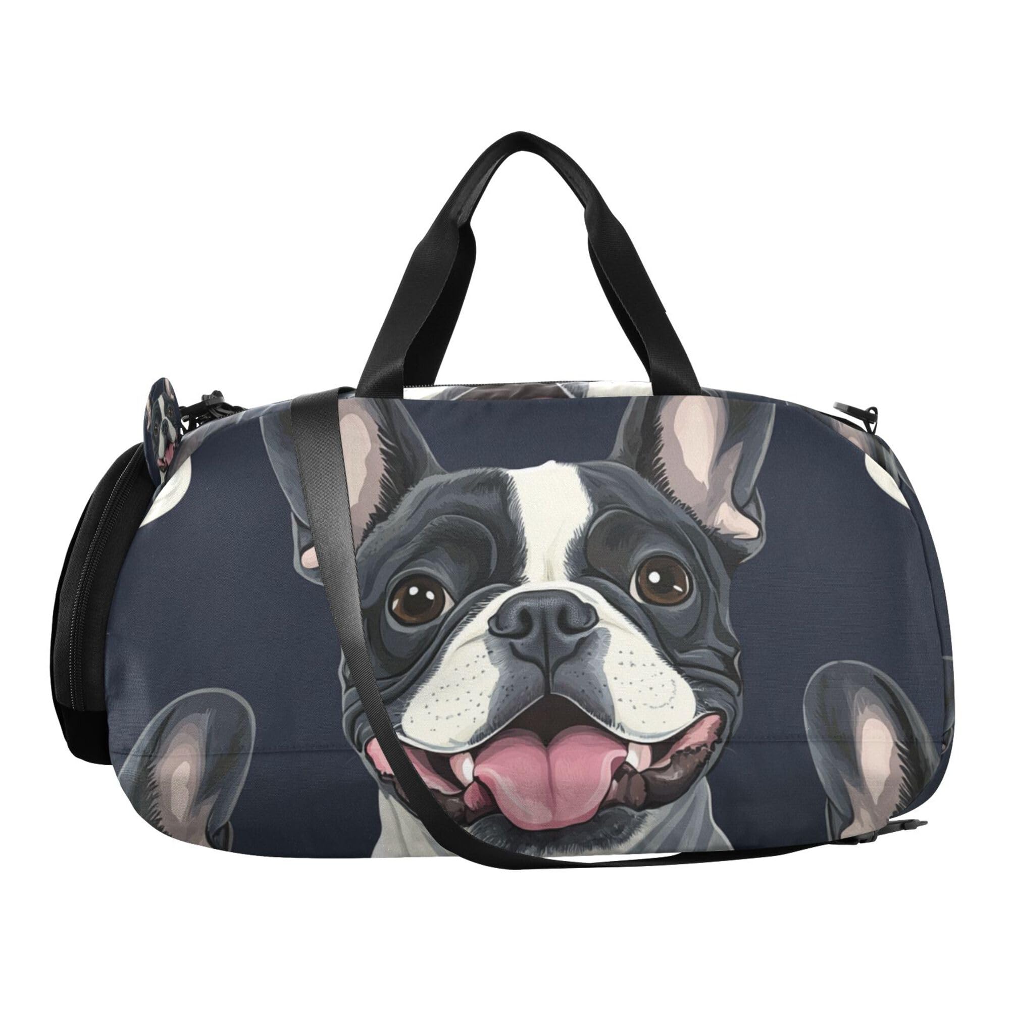 Glaphy Cute French Bulldog Black Duffle Bag for Toddler Boys Girls, Gym Sports Bag with Shoe Compartments, Kids Travel Overnight Weekender Shoulder Bag