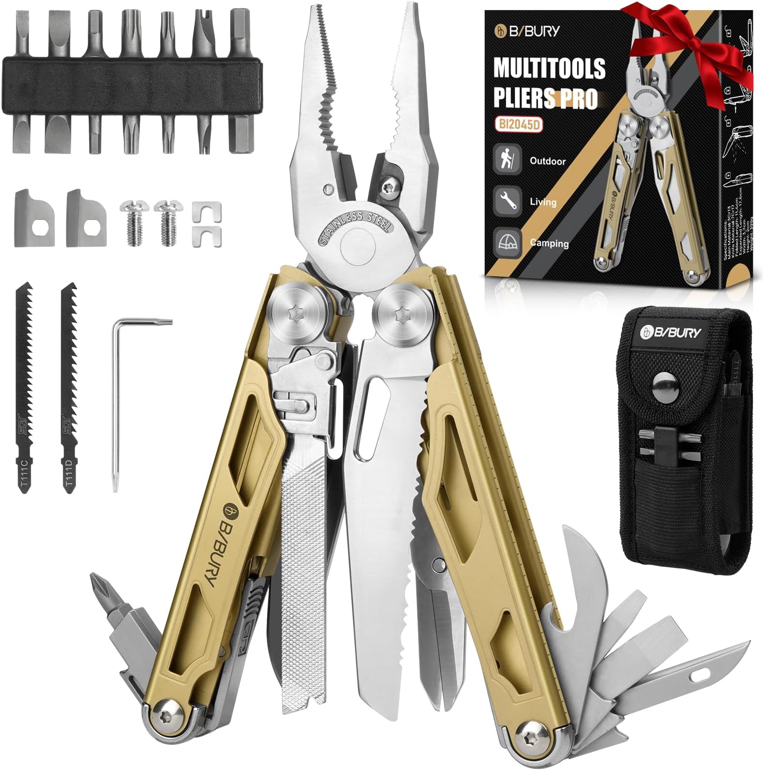 Multitool Pliers Pro BI2045, Foldable Multitools with Replaceable Wire Cutters and Saw, Stainless Steel Multi Tool w/Upgraded Scissors and Screwdriver Set, Ideal for Camping, Hiking, Survival