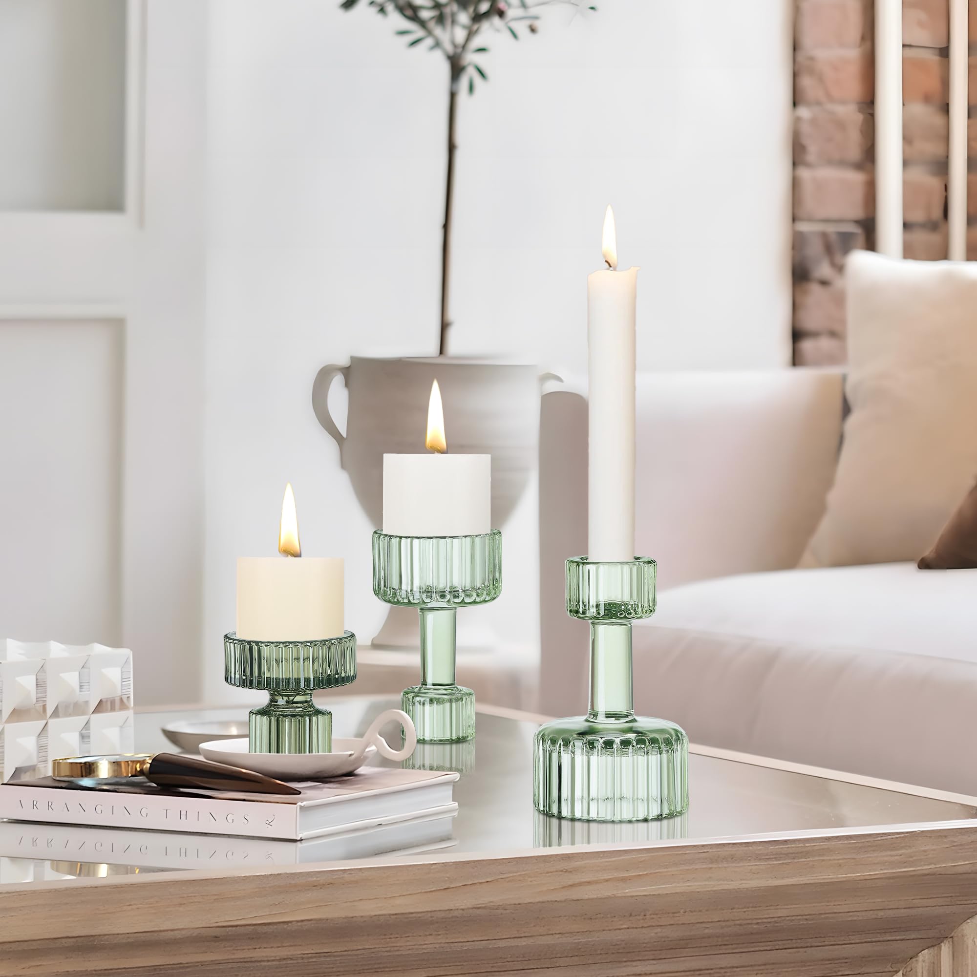 Joeyan Portavelas de Cristal Verde,Juego de 6 Portavelas Cónicos Acanalados para Velas de Té,Candelabro para Centros de Mesa, Bodas, Fiestas y Decoración del Hogar, Moderno Candle Holder, Idea Regalo