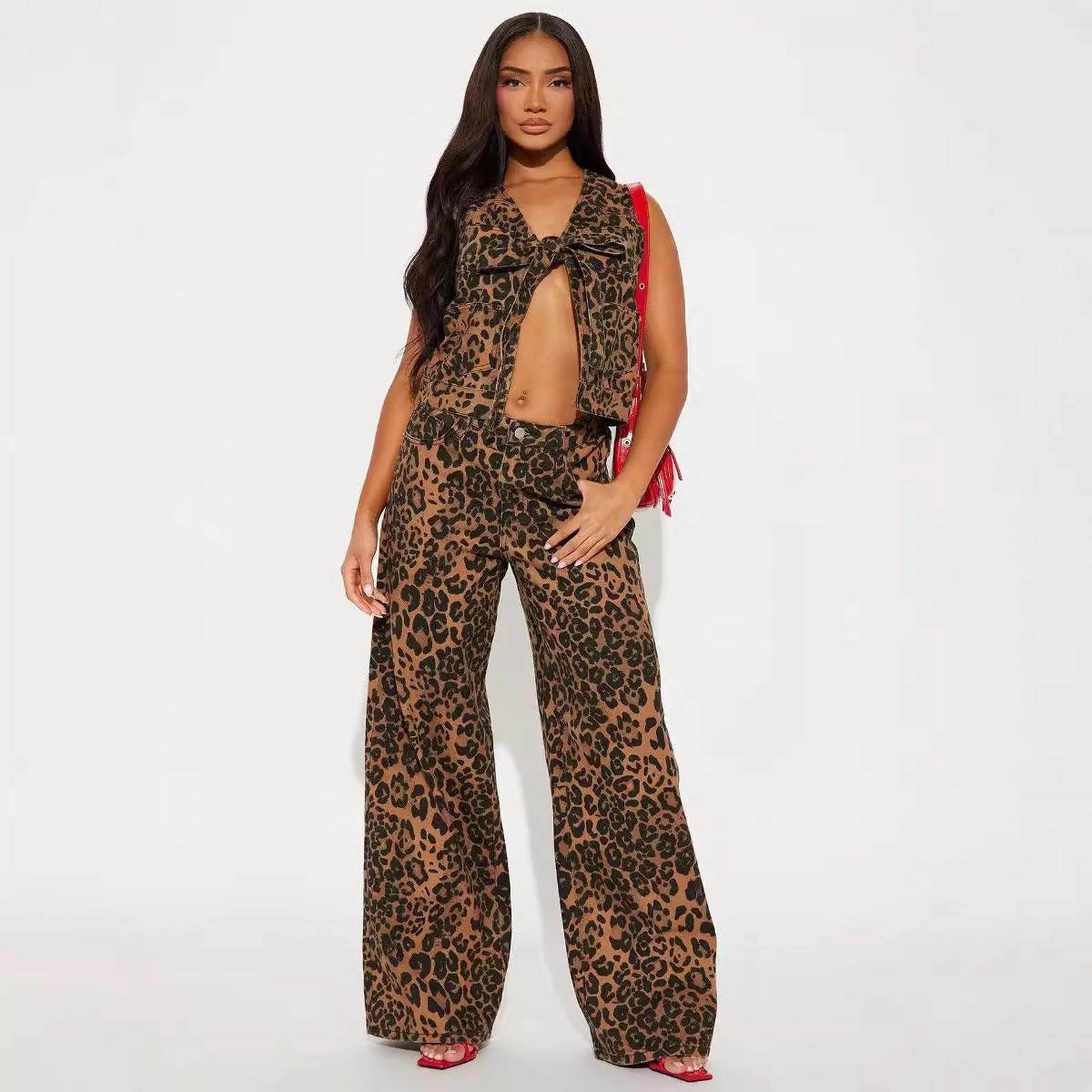 Jeans Donna A Gamba Larga Casual Jeans-Stampa Leopardo-XS