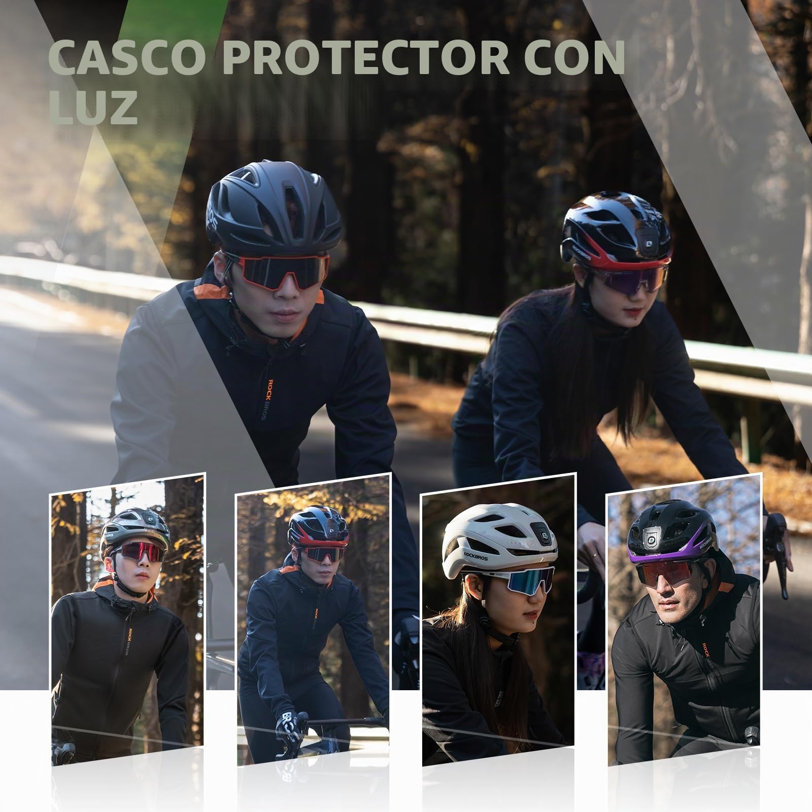 ROCKBROS Casco de Bicicleta con Luz Delantera Lateral y Trasera, Casco Ciclismo Adulto para Hombre Mujer, Casco de MTB Ajustable 58-60 cm