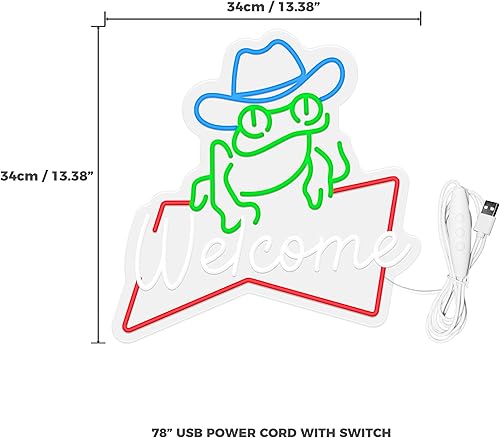 Miniatura 2 de Letrero de neón de bienvenida de Frog Cowboy para decoración de pared, letreros de luces LED de neón de rana, letrero de bienvenida para bar en