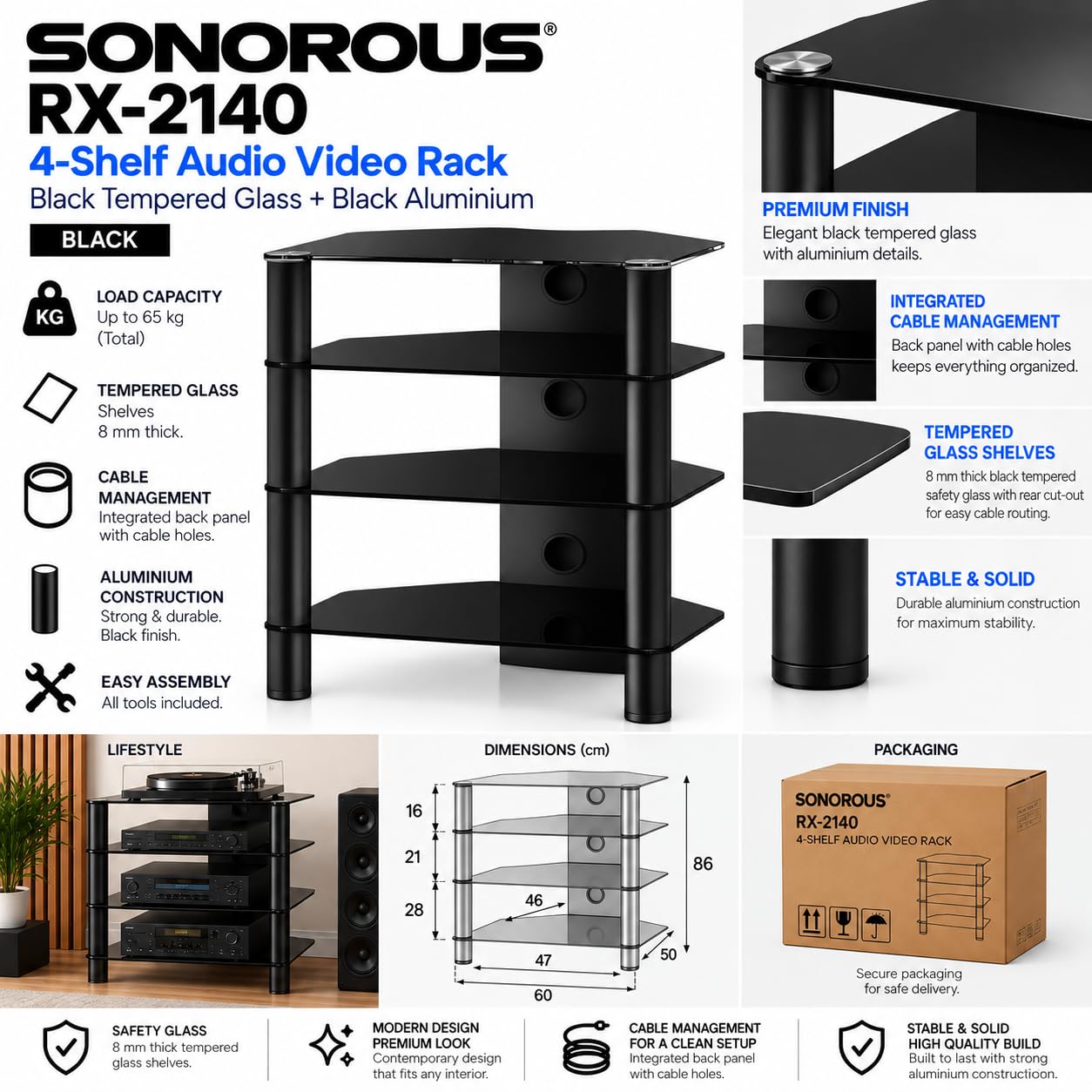 RO&CO Sonorous RX-2140-BLK Rack HiFi Premium Negro | Vidrio Templado Negro Brillante y Aluminio Negro | Mueble Audio para Amplificador, Tocadiscos y DAC | Sistema Ocultacables