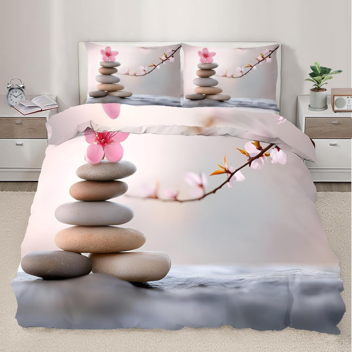 Housse de couette 240x220 infroissable en microfibre douce style zen pour lit 2 personnes