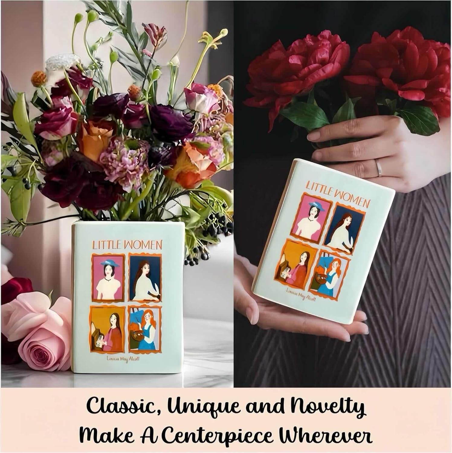 Ceramic Book Vases for Flowers, Cute Bookshelf Decor, Flower Book Vases Unique Home Decor, Unique Vases for Book Lovers, Little Women - Image 3