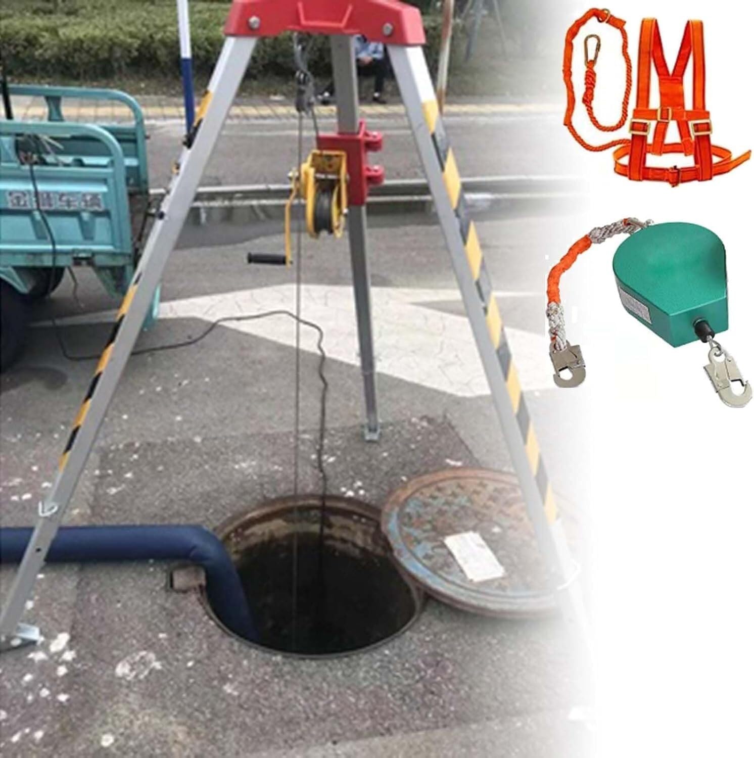 Generico Kit di Emergenza con treppiede per spazi confinati con verricello da 816 kg e Protezione anticaduta, treppiede di Soccorso Retrattile per Accesso e Recupero sicuri in Ambienti pericolosi.