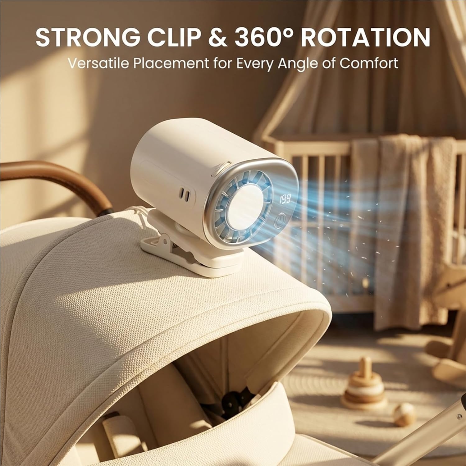 360° Rotating Semi-Cooling Clip Fan, Portable Semiconductor Cooling Fan with LED Display, Strong Clip, Ultra-Quiet Personal Fan, Type-C Rechargeable for Desk, Stroller, Office, Outdoor (White)