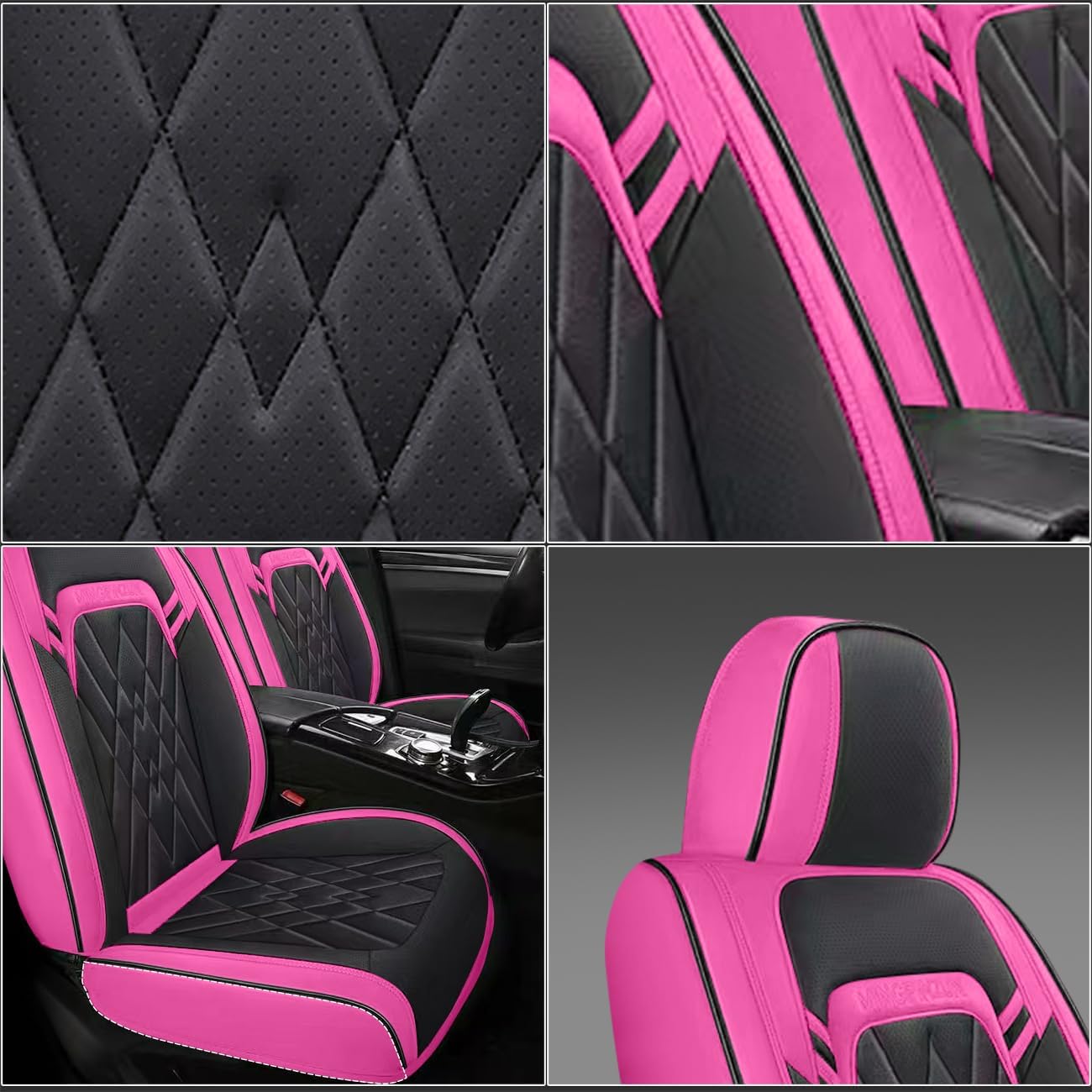 Quiln02 Leather Seat Cover 5 Seat Full, Universal Suitable for Most Cars, SUVs, Pickup Trucks, Airbag Compatible Car Seat Cushion Covers (Black&Rose)