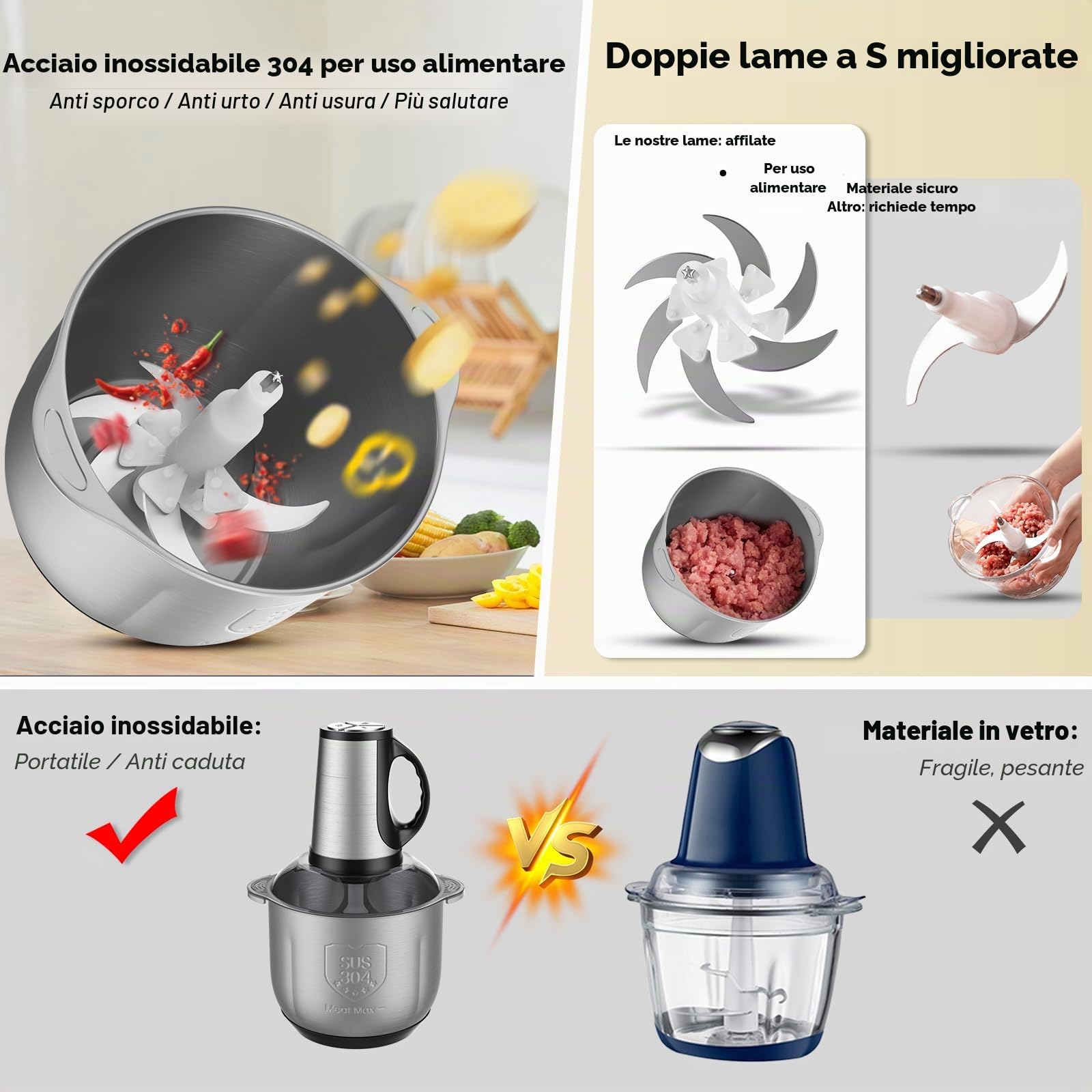Tritatutto da Cucina Elettrico 4 L, 300W Motore in Rame Puro, 3 Velocita, 6 Lame, Ciotola in Acciaio Inox, Lavabile in Lavastoviglie, Tritatutto Elettrico per Carne, Verdure, Frutta