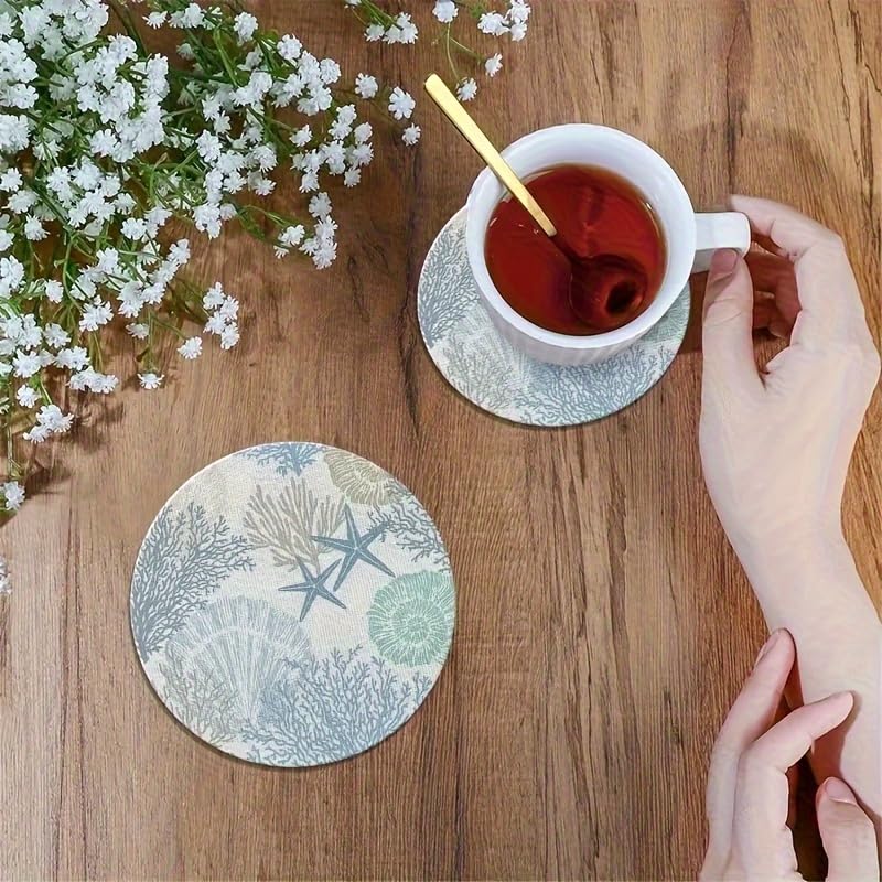 Image of 6pcs Coral Wooden Coaster Set- 4inch Round with Starfish and Patterns, Suitable Hot and Cold Beverage, Coffee Table Decoration, Home Housewarming, Ocean Theme Decoration, Surface,