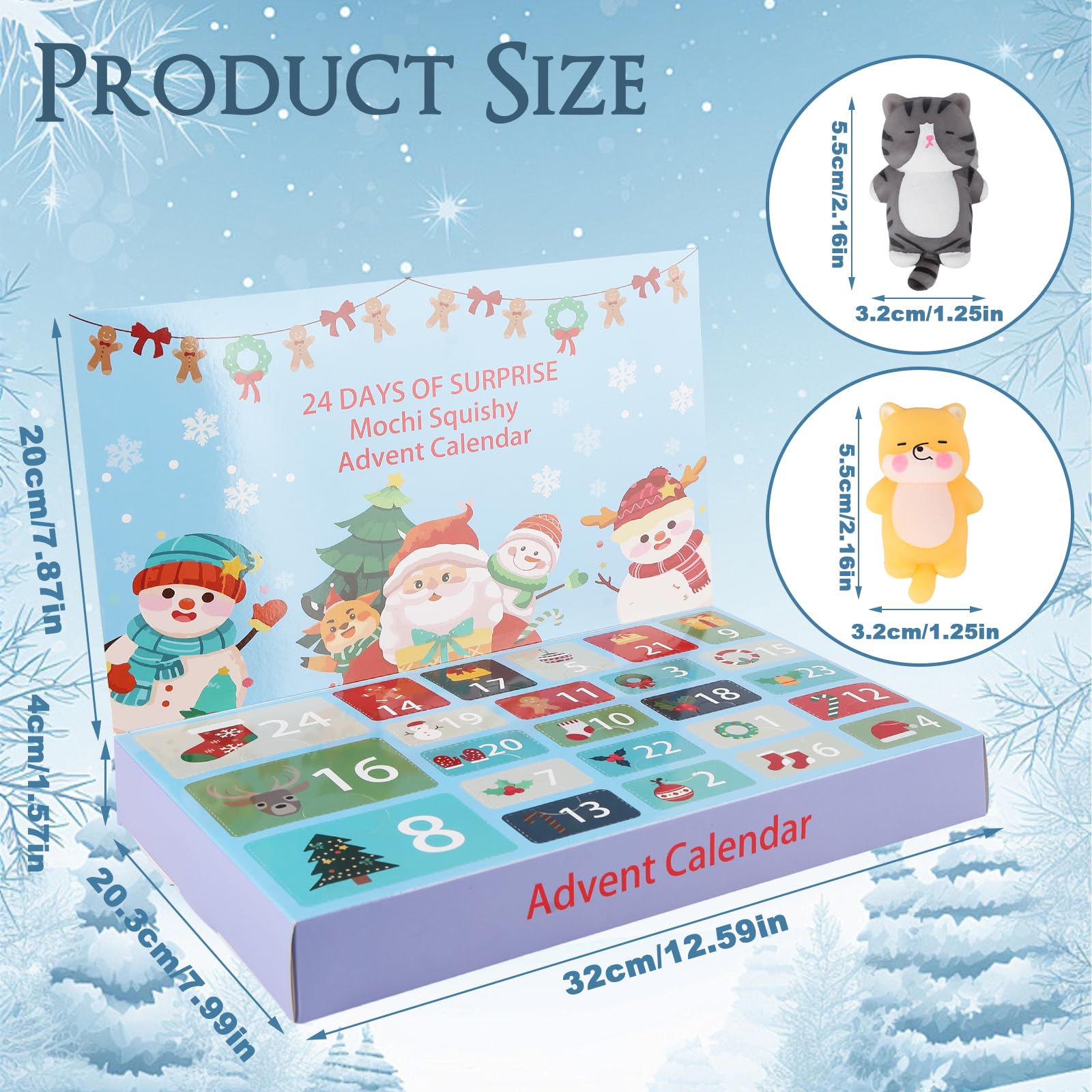 Mochi Squishy Calendrier de l'Avent 2024 pour enfants, calendrier de Noël, jouet avec animaux mignons, compte à rebours de 24 jours, cadeaux de Noël pour garçons et filles