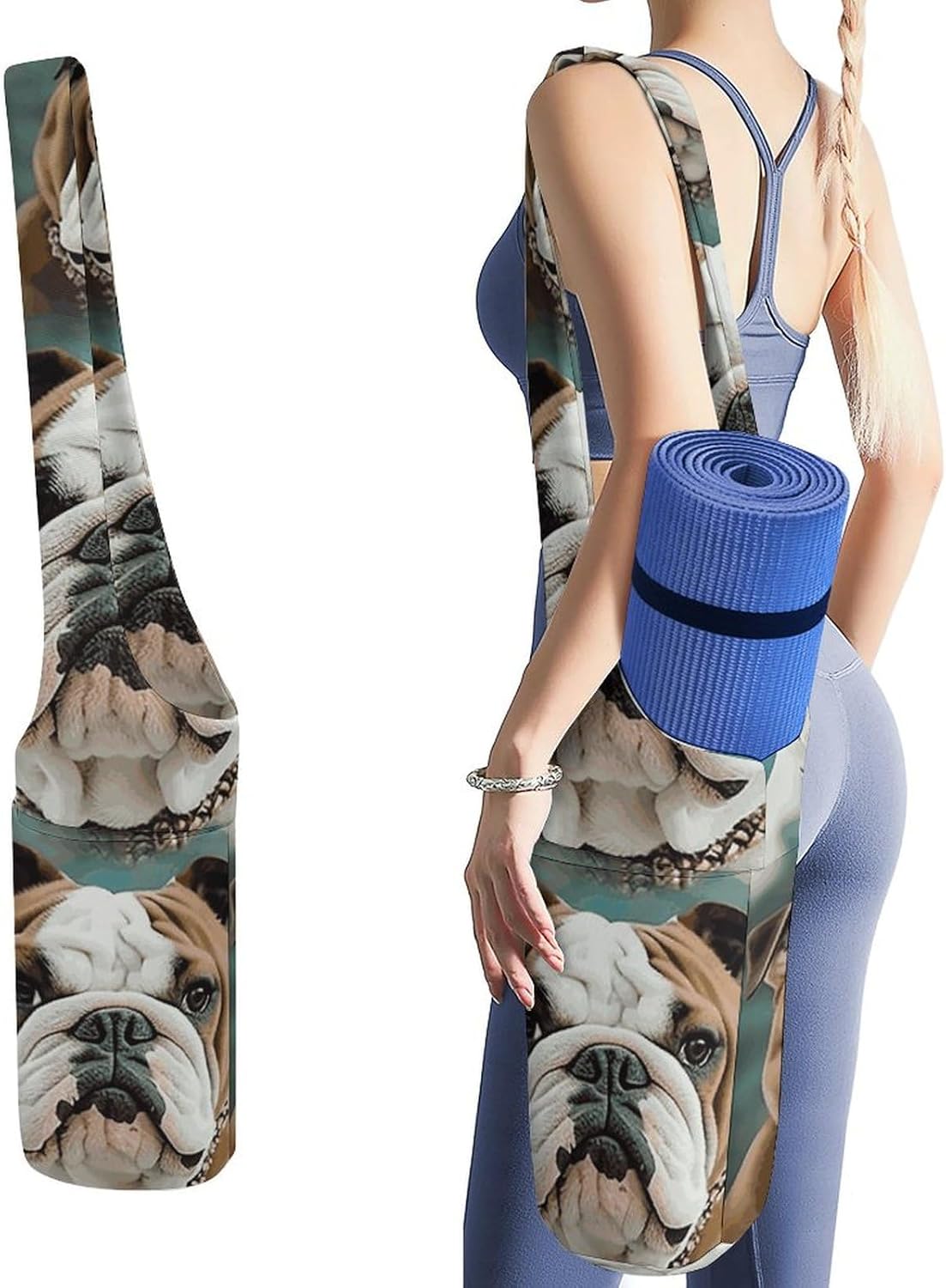 Funny English Bulldog Yoga Mat Bag Long Tote Yoga Bag with Large Side Pocket Yoga Mat Carrier Fit Most Size Mats