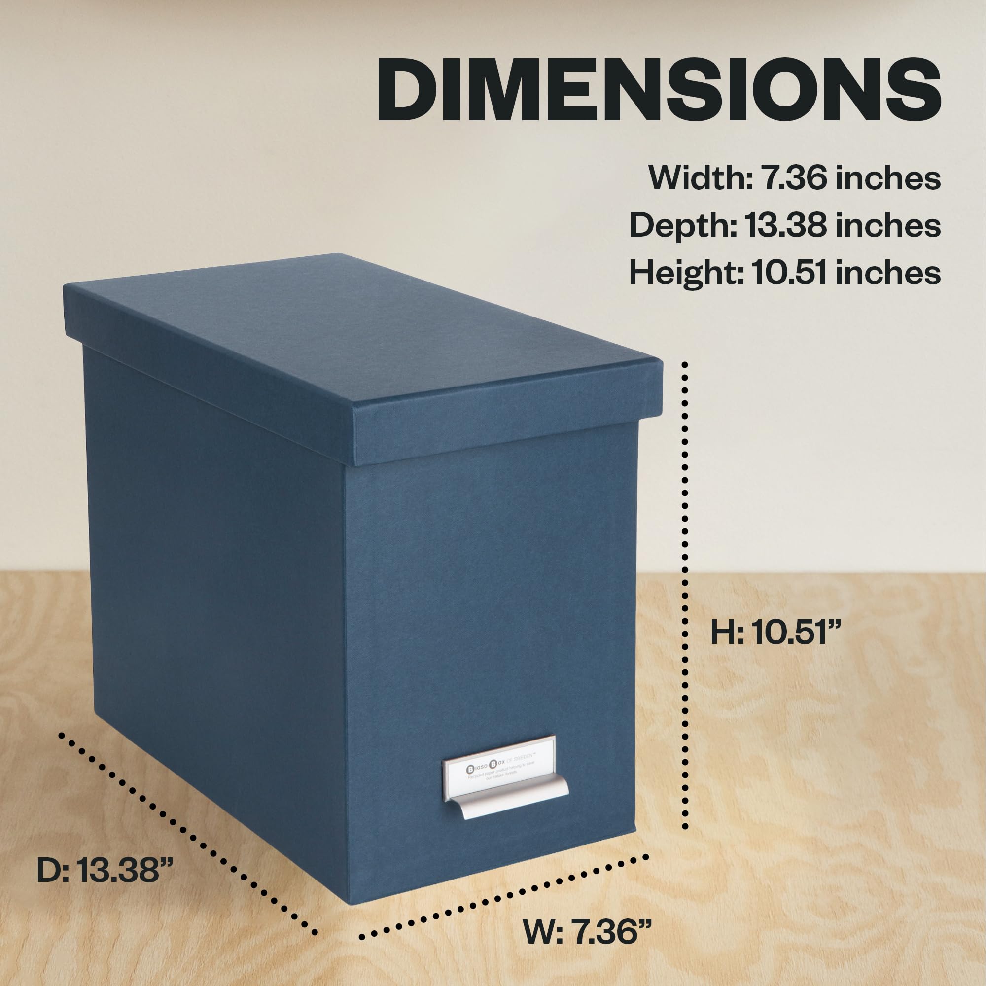 Bigso John Fiberboard Label Frame Desktop File Storage Box - Document Organizer for Important Paperwork - Durable Hanging File Box with a Lid & Metal Label Window - 7.4 in x 13 in x 10.4 in - Blue