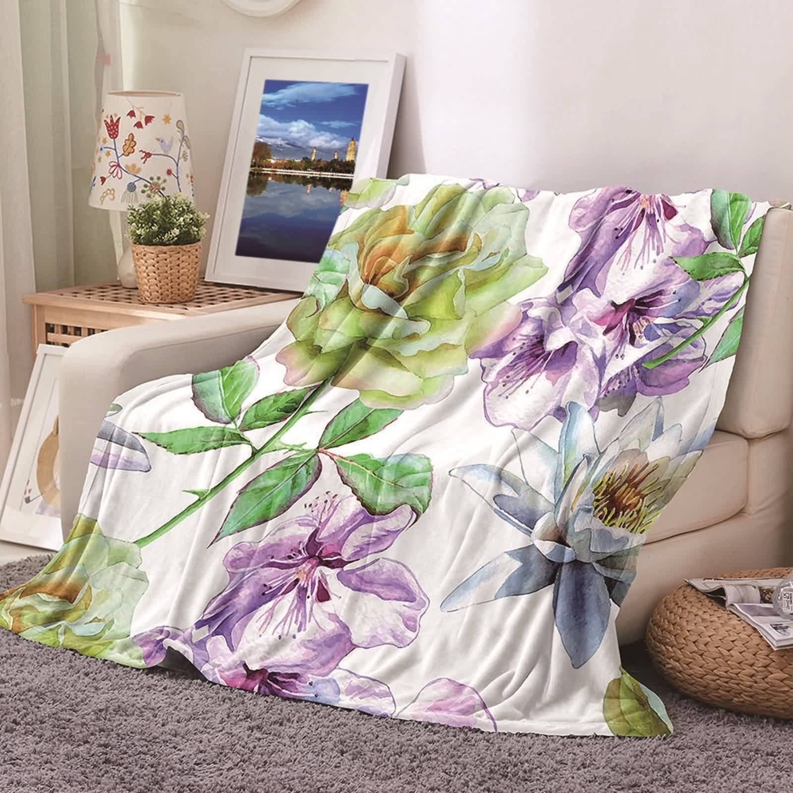 Kuscheldecke 150x200 Violett, Blanket Living Room Flanell Grün Blumenmuster Flanelldecke Weich Kuschelig Warm Wohndecke Sofa Bett Geschenk