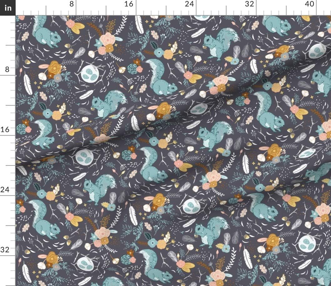 Spoonflower Fabric - Squirrels Charcoal Feather Eggs Garden Acorn Squirrel Flowers Printed on Petal Signature Cotton Fabric by The Yard - Sewing Quilting Apparel Crafts Decor