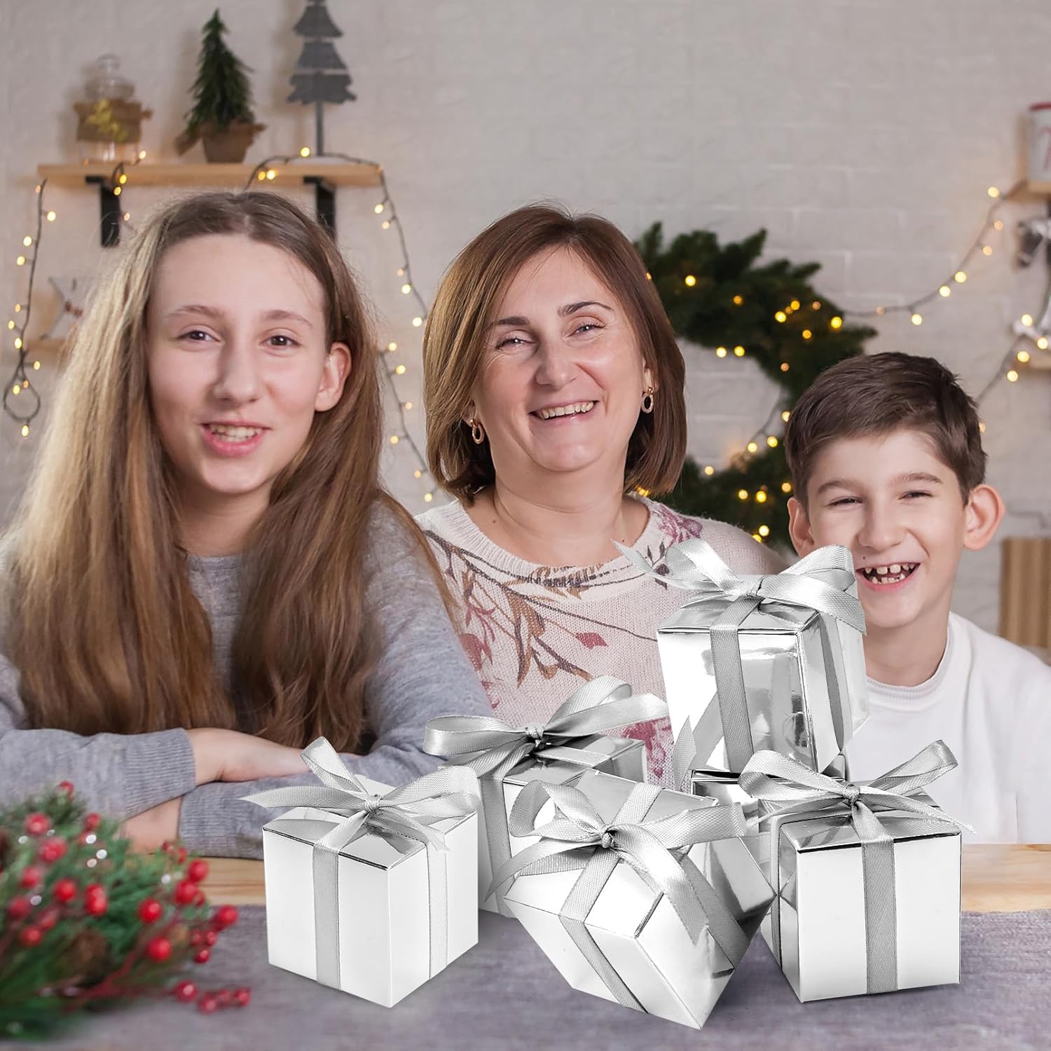 COCPOK 50 Pack Silver Gift Boxes, 2x2x2 inch Gift Box, Small Candy Boxes with Lids and Ribbons, Paper Favor Box for Wedding Bridal Shower Baby Shower Birthday Party - Image 5