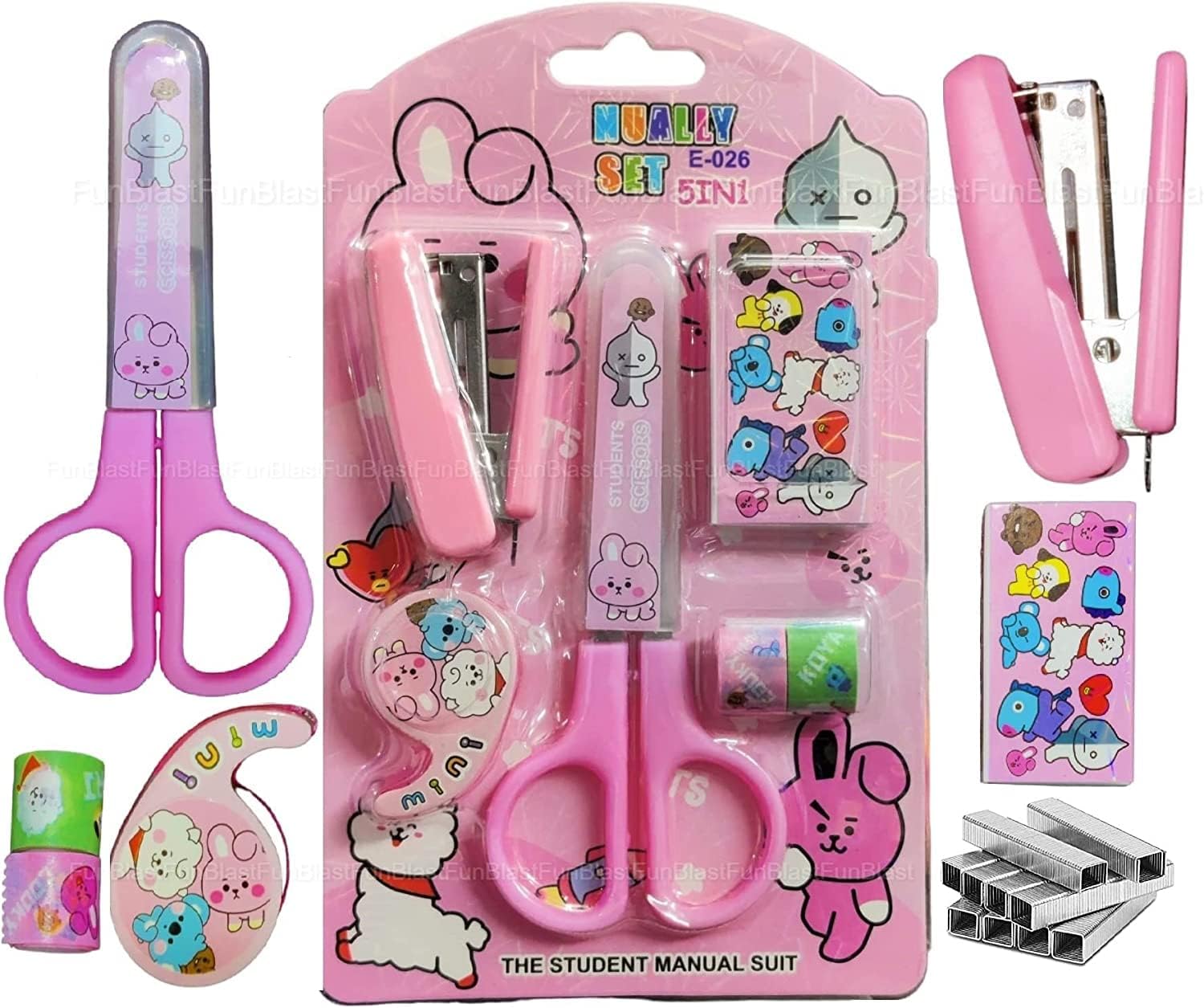 AK Store 5in1 Cartoon Stationery Set Kawaii Stapler with Scissor