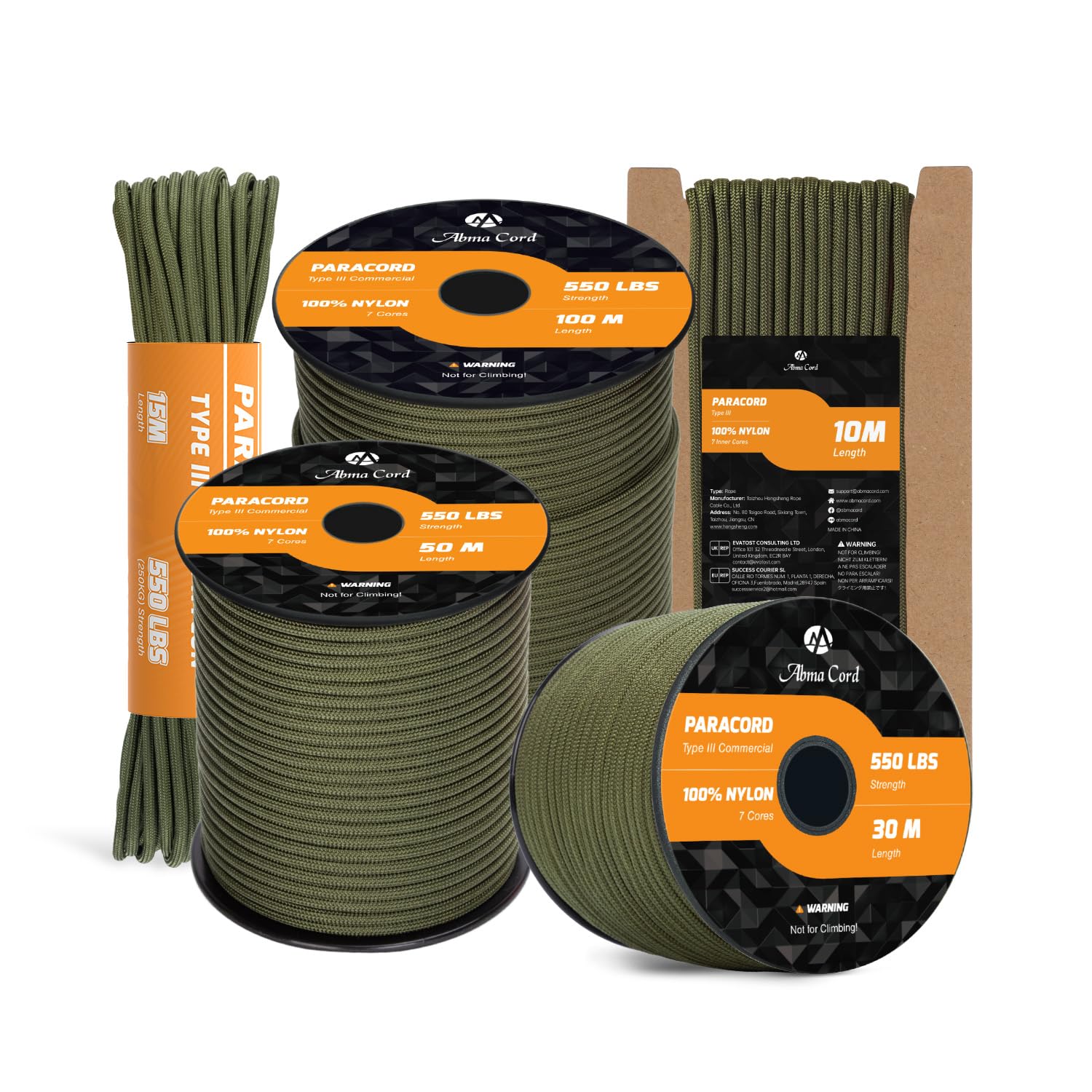 Corda Paracord 550 HABING 600m – Nylon Tipo III, 5 Mm, 385 Kg, Per Tende E Sopravvivenza, Verde