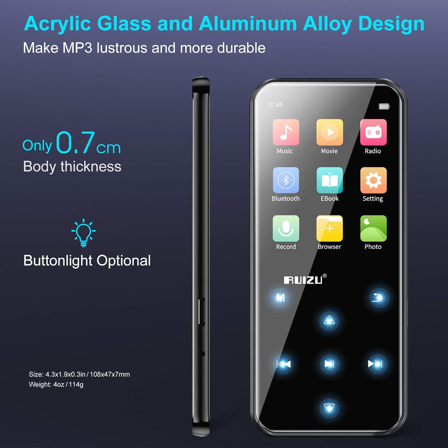 پخش کننده MP3 RUIZU با ظرفیت 32 گیگابایت و قابلیت بلوتوث 5، قابلیت پخش رادیو و ضبط کننده صدا، مناسب برای پیاده روی و دویدن و قابل ارتقا تا 128 گیگابایت
