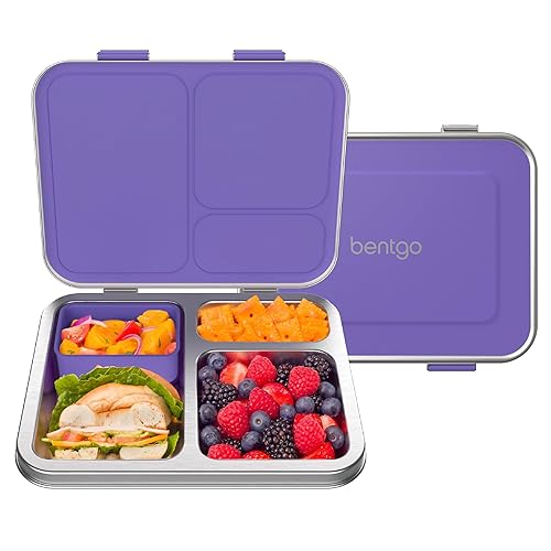 Bentgo Kids Stainless Steel Leak-Resistant Lunch Box - 3-Compartments with Bonus Silicone Container, Durable, Eco-Friendly, Dishwasher Safe, BPA-Free, Ideal for School, Ages 3+ (Purple)