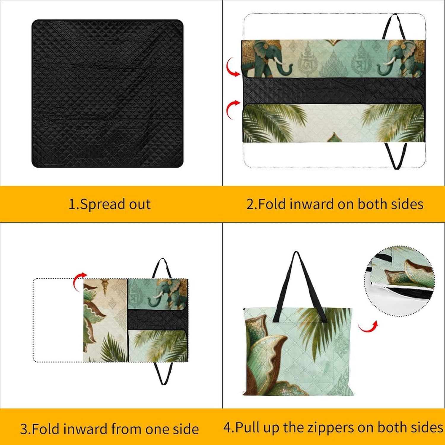 Green Lotus Golden Elephant Picnic Blanket with Zipper Water Resistant Sand Free Picnic Mat Washable Foldable Easy Carry Beach Blanket for Lawn Beach Hiking Camping