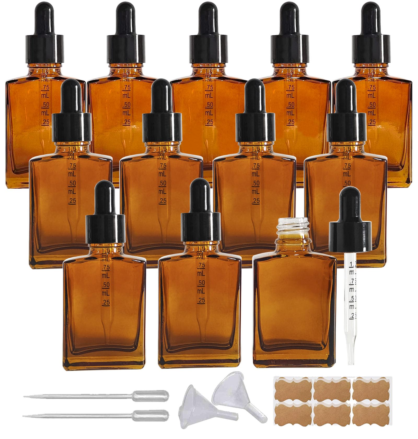 Paquete de 12 frascos cuentagotas de vidrio cuadrado ámbar de 1 onza para aceite esencial, botella de vidrio recubierta de ámbar de 1 onza con cuentagotas para perfume, sueros y líquidos