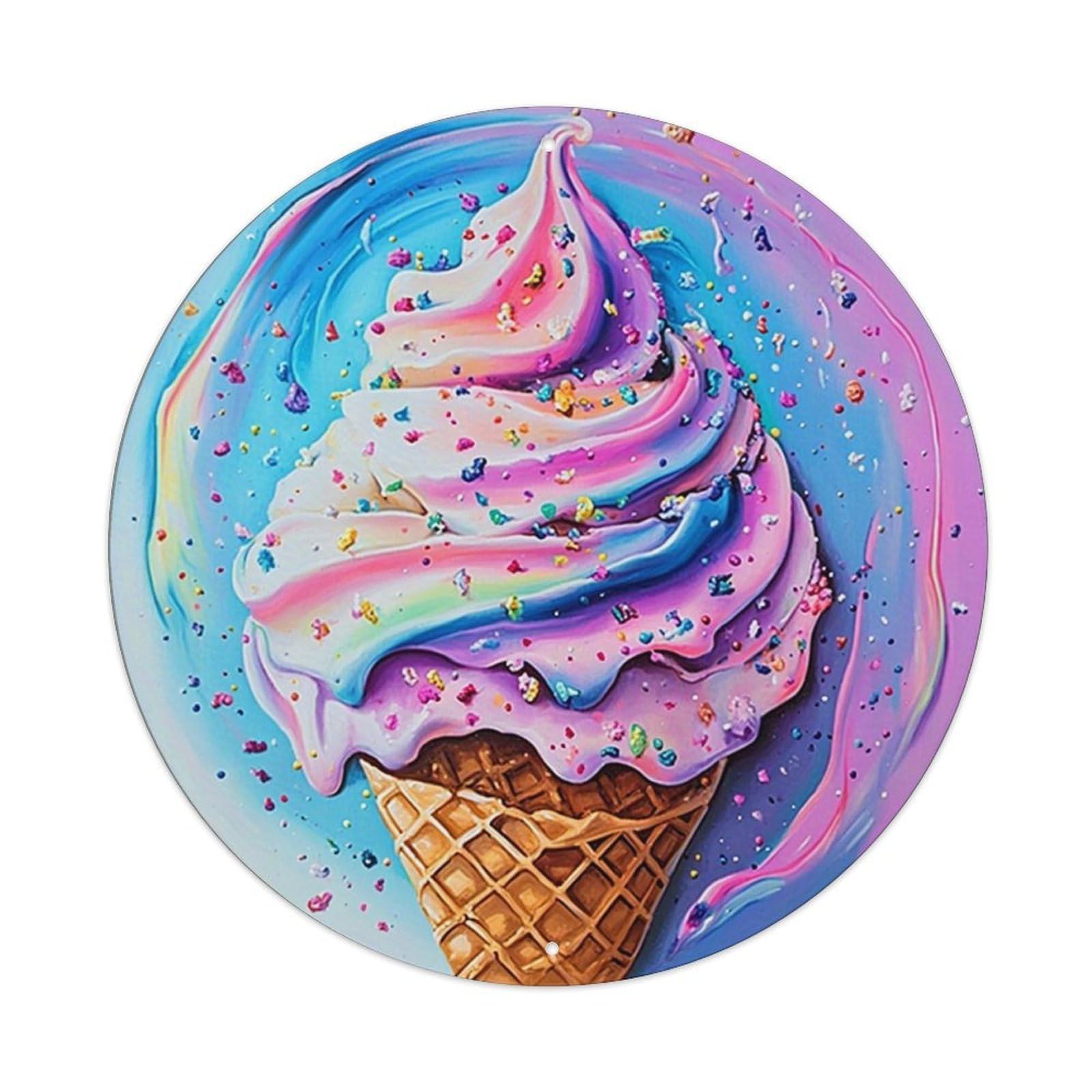 Rainbow Swirl Ice Cream Cone Vintage Metal Tin Sign Retro Wall Decor for Home Bar Garage Cafe, Indoor & Outdoor Decorative，circle Metal Poster, 8x8 Inch