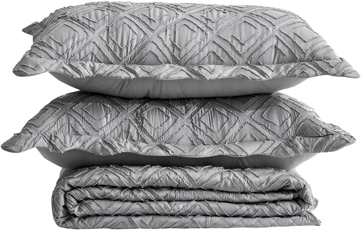 Oversized King Bedspread, Tufted Jacquard Diamond Pattern, Shabby Chic Boho Bohemian Look, Lightweight, 3 Piece, Grey - Image 9