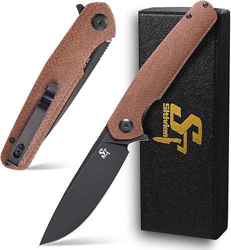 Sitivien Cuchillo plegable ST102, hoja de acero D2+mango Micarta EDC herramienta cuchillo para exteriores, camping, caza, supervivencia (marrón)