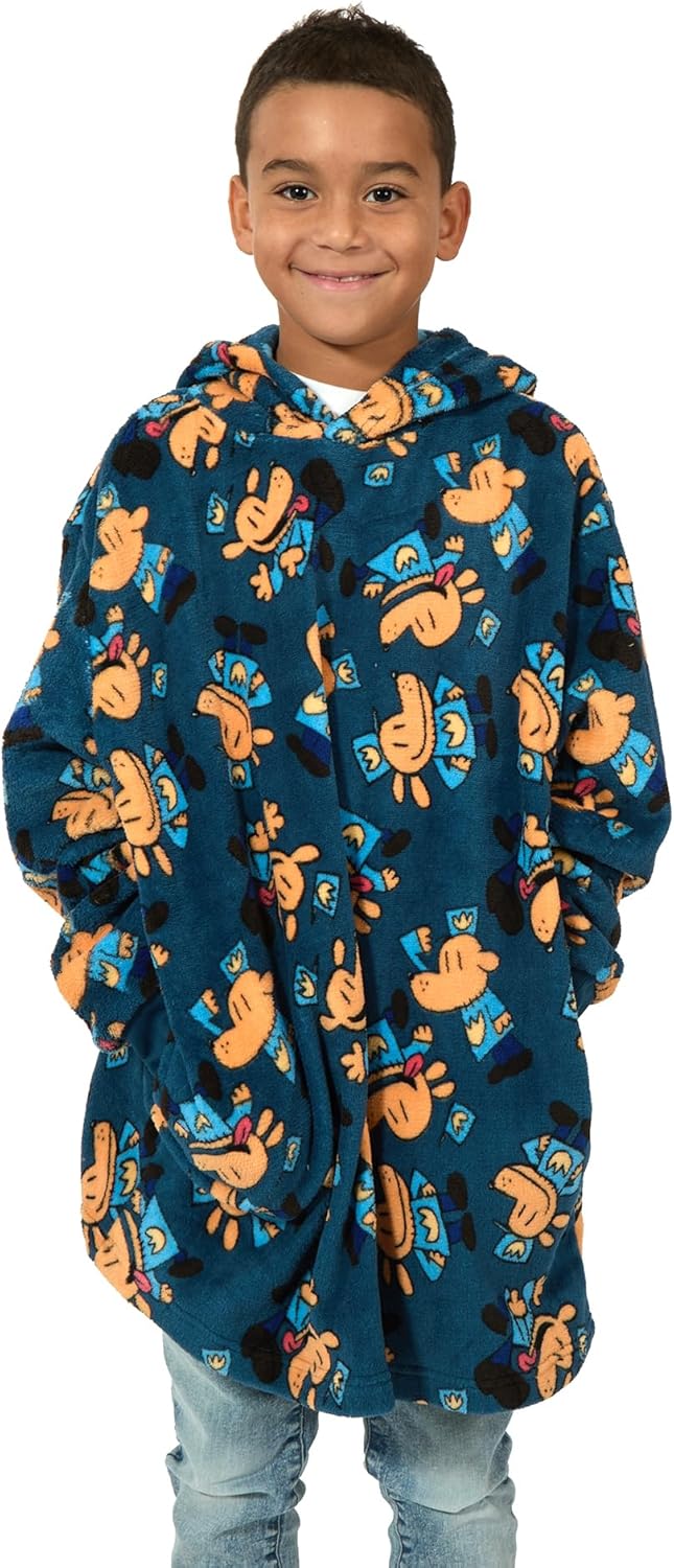 Bioworld Dog Man All-Over Character Print Long Sleeve Boy's Blue Oversized Wearable Kids Hoodie Blanket