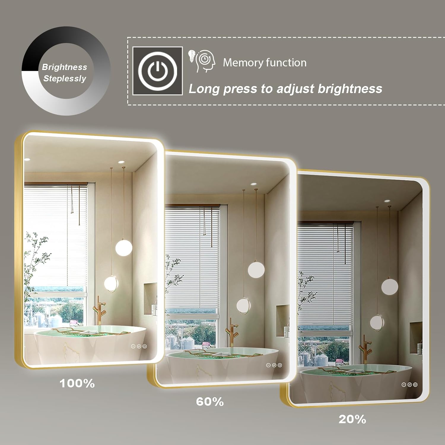 LED Mirror for Bathroom 24X36 Inch Gold Framed with Anti-Fog, Stepless Dimmable, Front Lit, LED Bathroom Vanity Mirror for Wall, Memory Function, Shatter-Proof