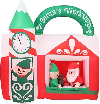 Fraser Hill Farm 6 Ft. Inflatable Santas-Workshop with Lights | Festive Outdoor Holiday Blow-Up Decor | Chrismas Decoration | Blower, Rope, and Stakes Included | FHFSWRKSHP061-L, Red