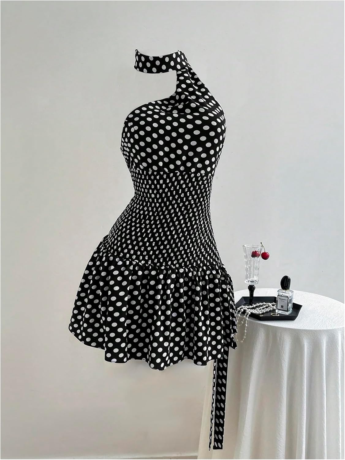 WDIRARA Women's Polka Dots Halter Dress Wrap Asymmetrical Sleeveless Smocked Ruffle A Line Short Dresses - Image 5