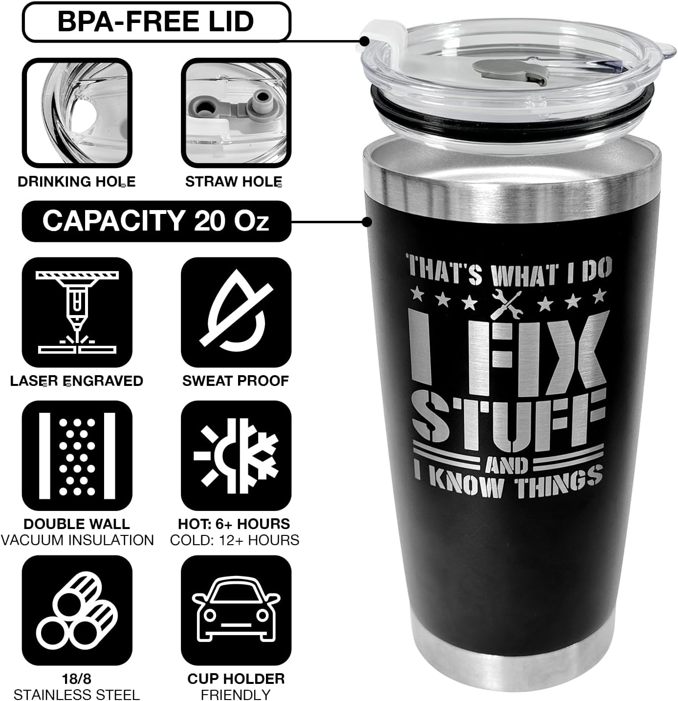Gifts for Dad, Men, Husband, Grandpa, Mechanic Father, Handyman - Birthday Presents for Men Unique - Mens Birthday Gift Ideas - Black Tumbler 20Oz - Image 2