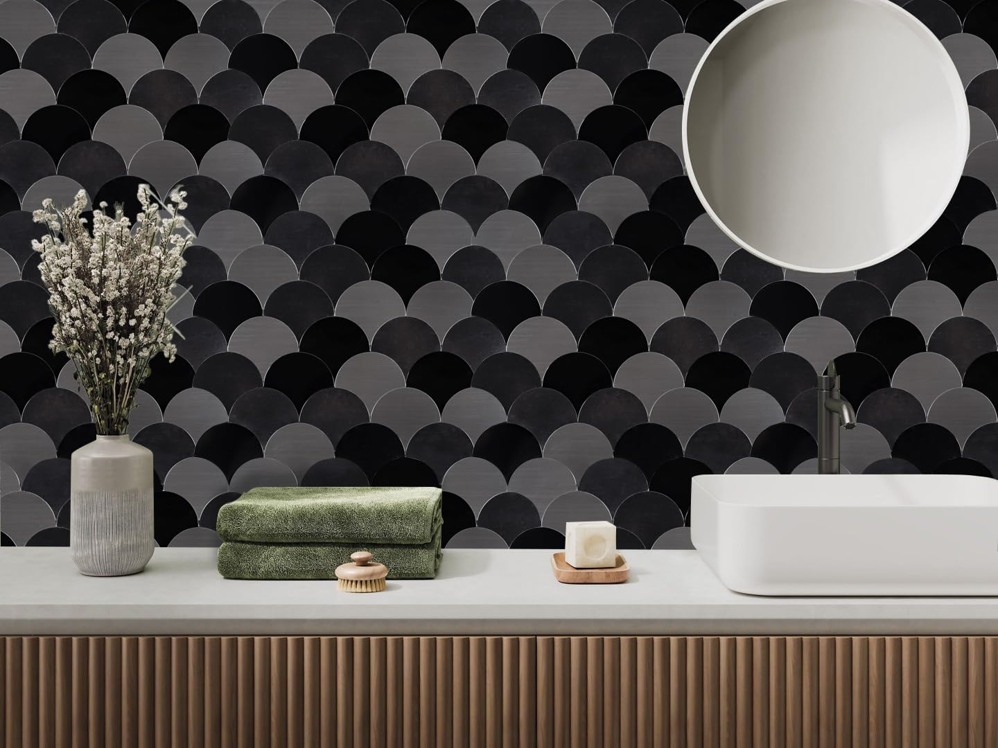Fish Scale Black Peel and Stick Backsplash Tile, Fan Mosaic Self Adhesive Wall Tiles for Kitchen Bathroom-12 Sheet