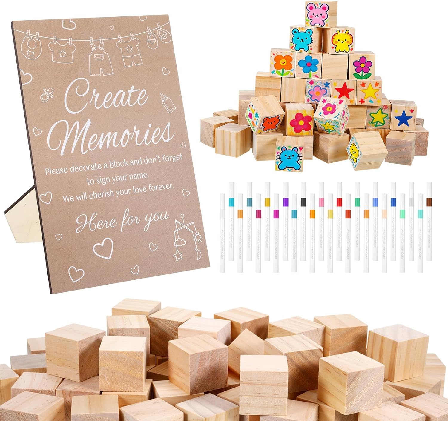 97 Pcs Wooden Baby Blocks for Baby Shower Games, Including Decorate A Block Game Sign, 72 Diy Blank Wooden Blocks To Decorate, 24 Pens for Baby Shower Activities Gender Reveal Decorations Games