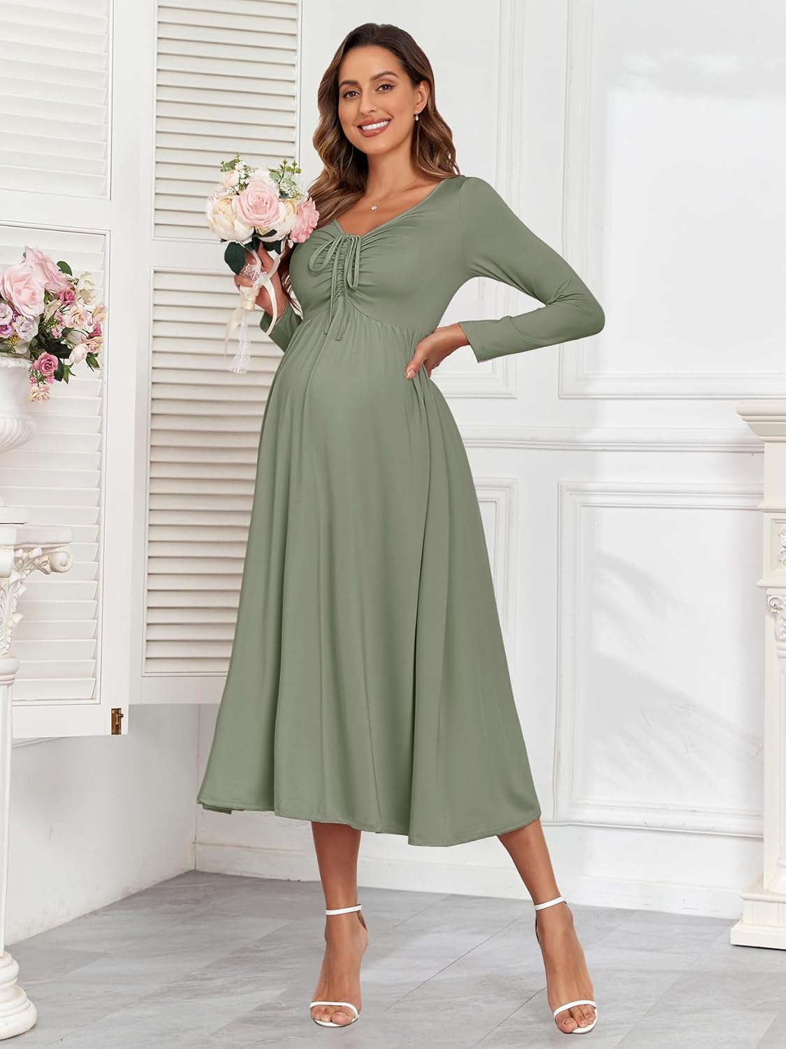 Maternity Tie Front Dress A Line Long Sleeve V Neck Flowy Pregnancy Maxi Dresses for Baby Shower Casual 2025 Fall - Image 2
