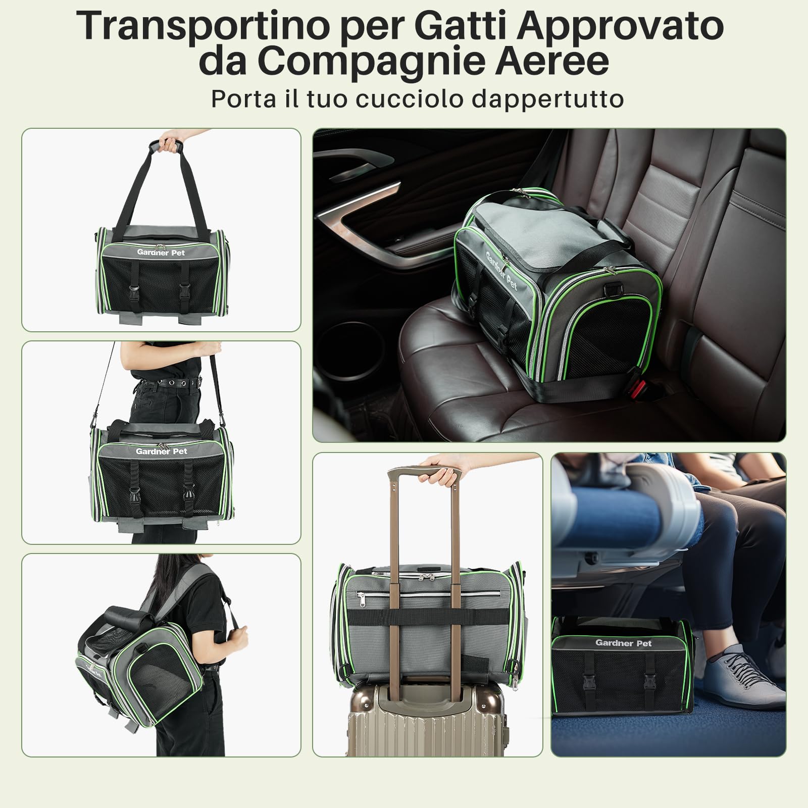 Gardner Pet Trasportino per Gatti e Cuccioli fino a 6,8 kg, Borsa da Trasporto Espandibile con Lati Morbidi, Rete Traspirante, Materiali Senza BPA - Grigio, L