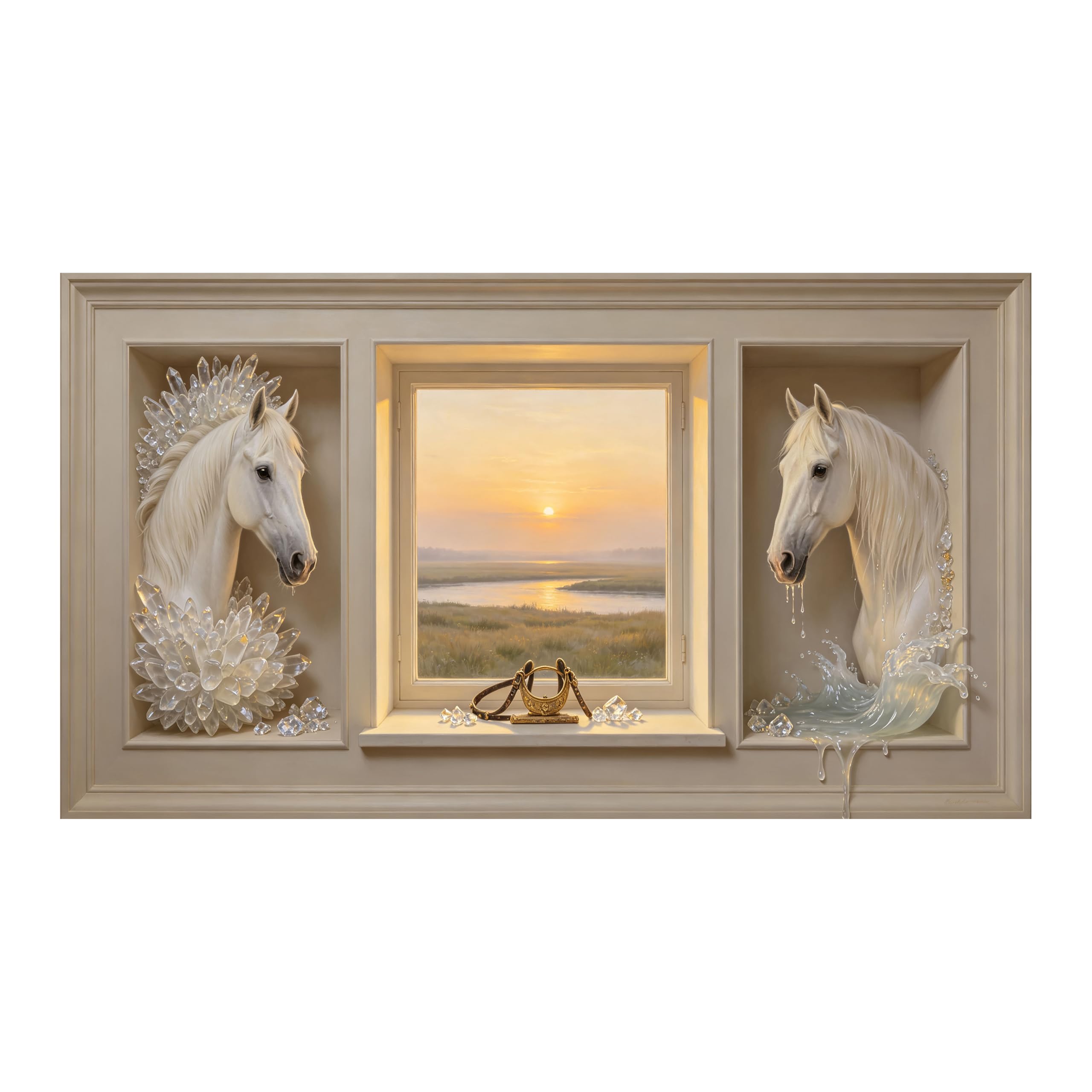 Yzpallescene 3D Framed Wall Art Crystal White Horse Sunset Window View Large Size SelfAdhesive Removable Wall Decor Prints Artwork for Living Room Bedroom Office