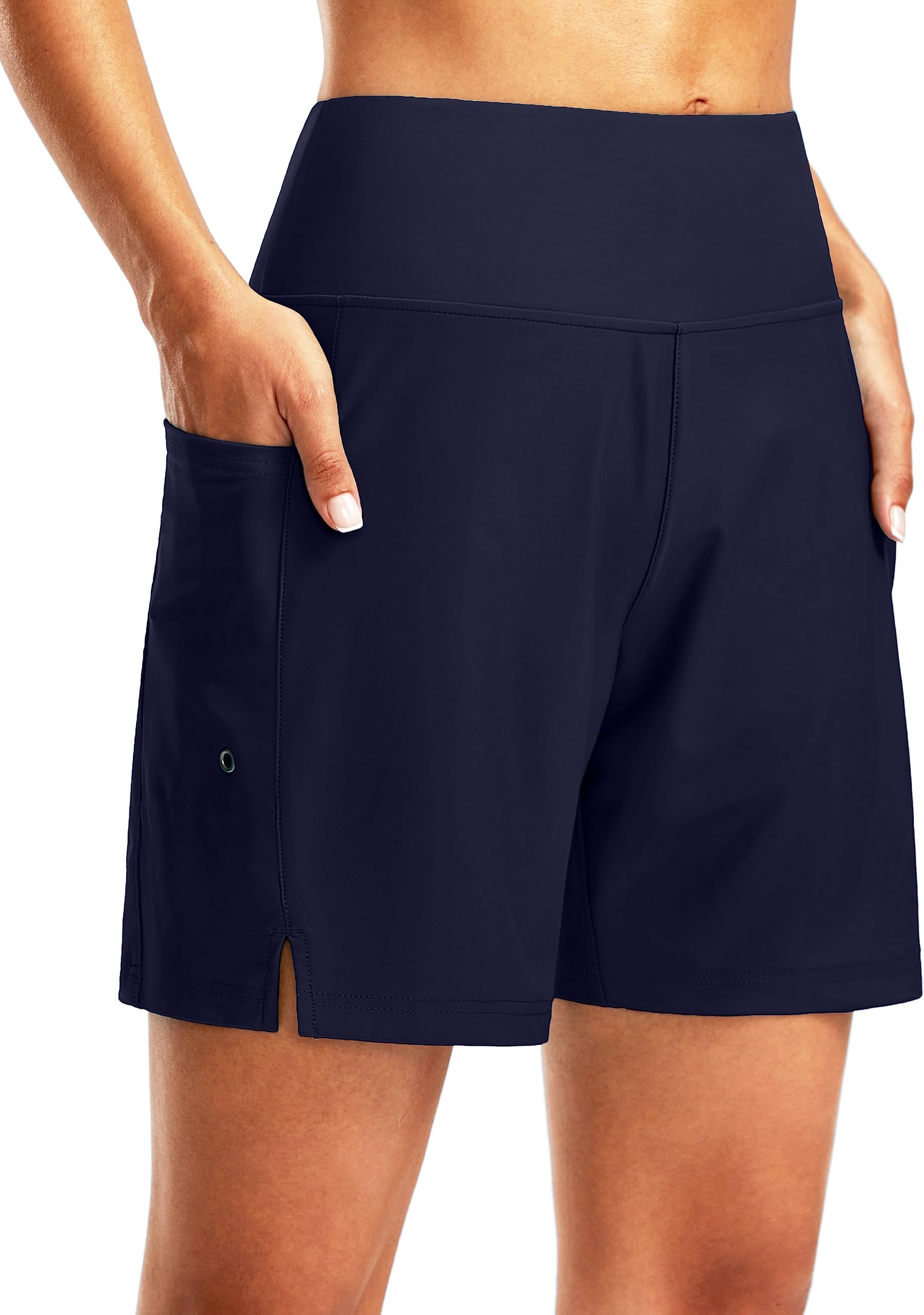Women's 7" Long Swim Board Shorts High Waisted Quick Dry Beach Swimming Shorts for Women with Liner Pockets