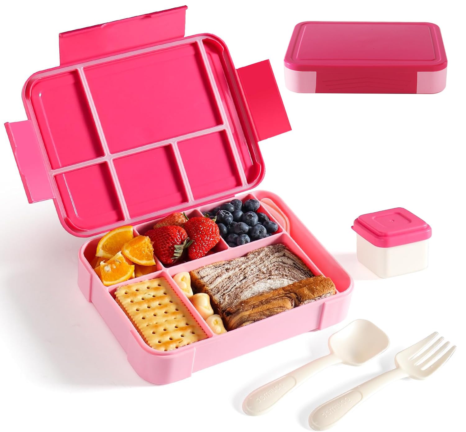 Swkien Brotdose Kinder mit Fächern, Auslaufsichere Bento Box, 1300ml Lunchbox mit Besteck & Soßendose, Jausenbox Mikrowellen & Spülmaschinenfest, Brotdose Schule BPA Frei - Rosa