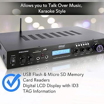 Pyle Bluetooth Home Theater Amplifier - 200 Watts into 5 Channels with Subwoofer Out, Easy Karaoke - Dual Mic, Wireless Streaming, USB/SD with MP3 player, RCA Input, FM Radio, LCD Display - PDA7BU