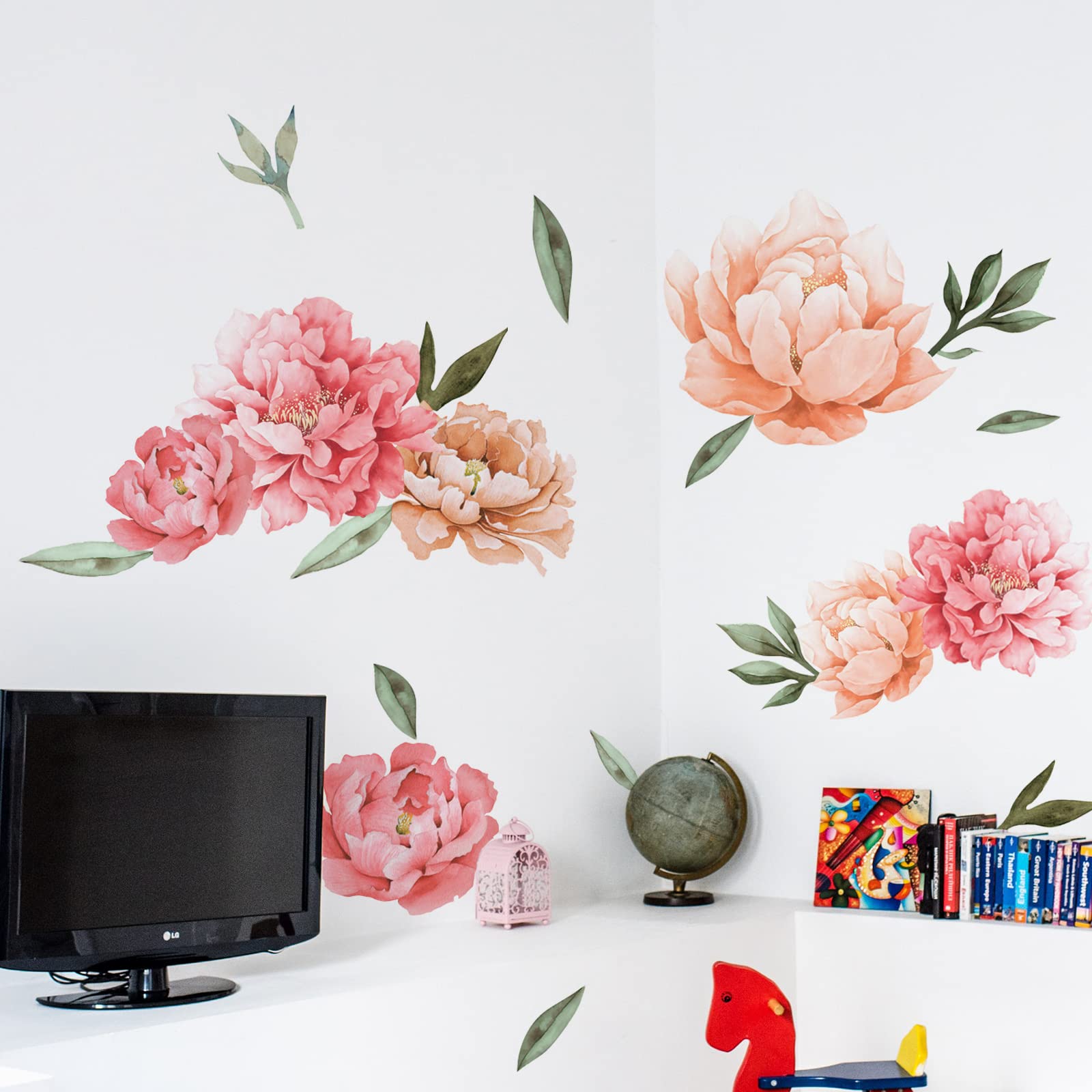 Calcomanías de pared de flores de peonía, calcomanías de pared con diseño de peonías elegantes, rosas de peonías, flores rosadas, apliques artísticos para sala de estar, dormitorio, habitación de