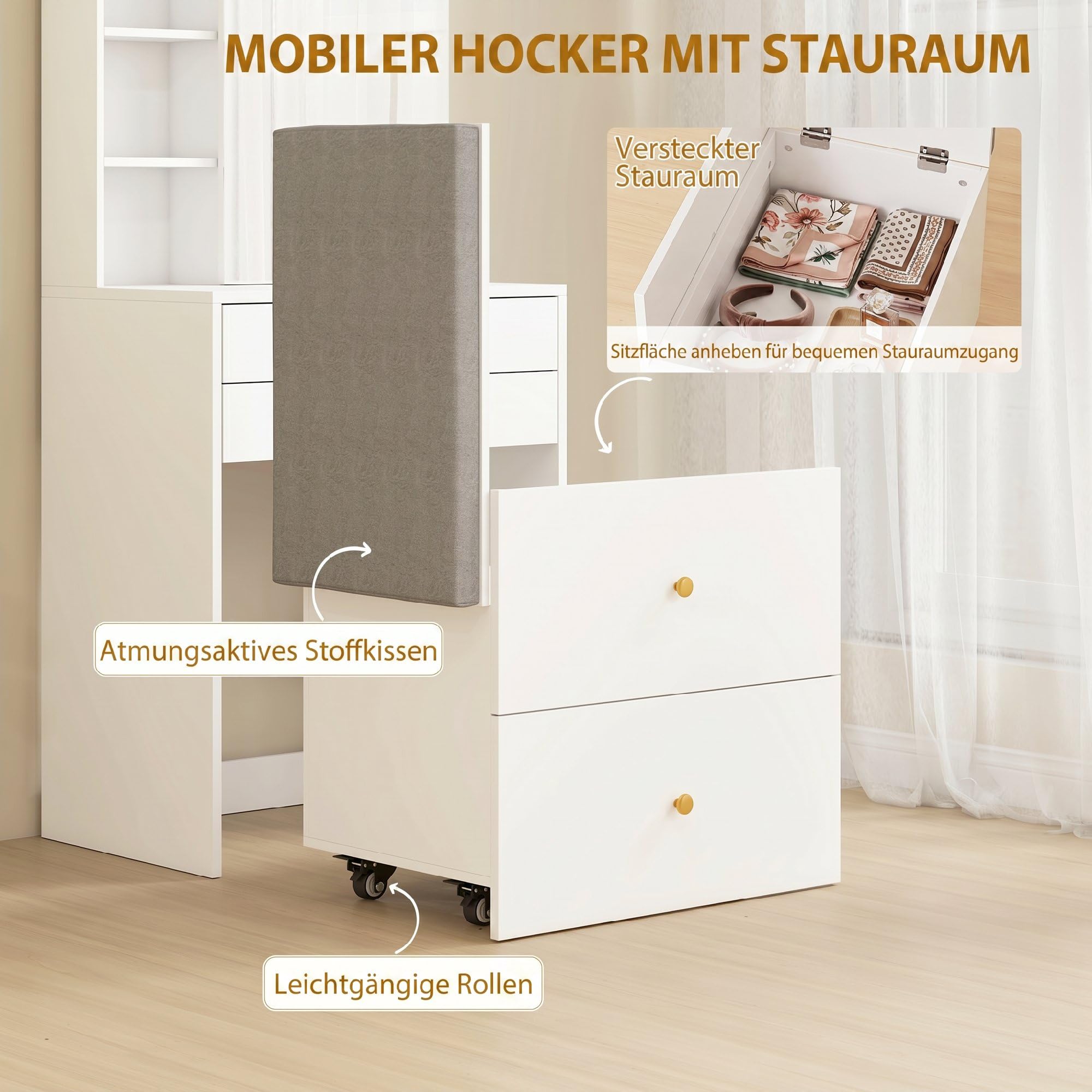 HOMCOM Schminktisch mit Spiegel und mobilem Hocker, Frisiertisch, Weiß