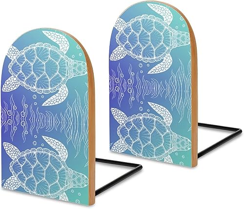 Sujetalibros de madera para estantes con diseño de tortuga marina para libros pesados, moderno decorativo, 1 par