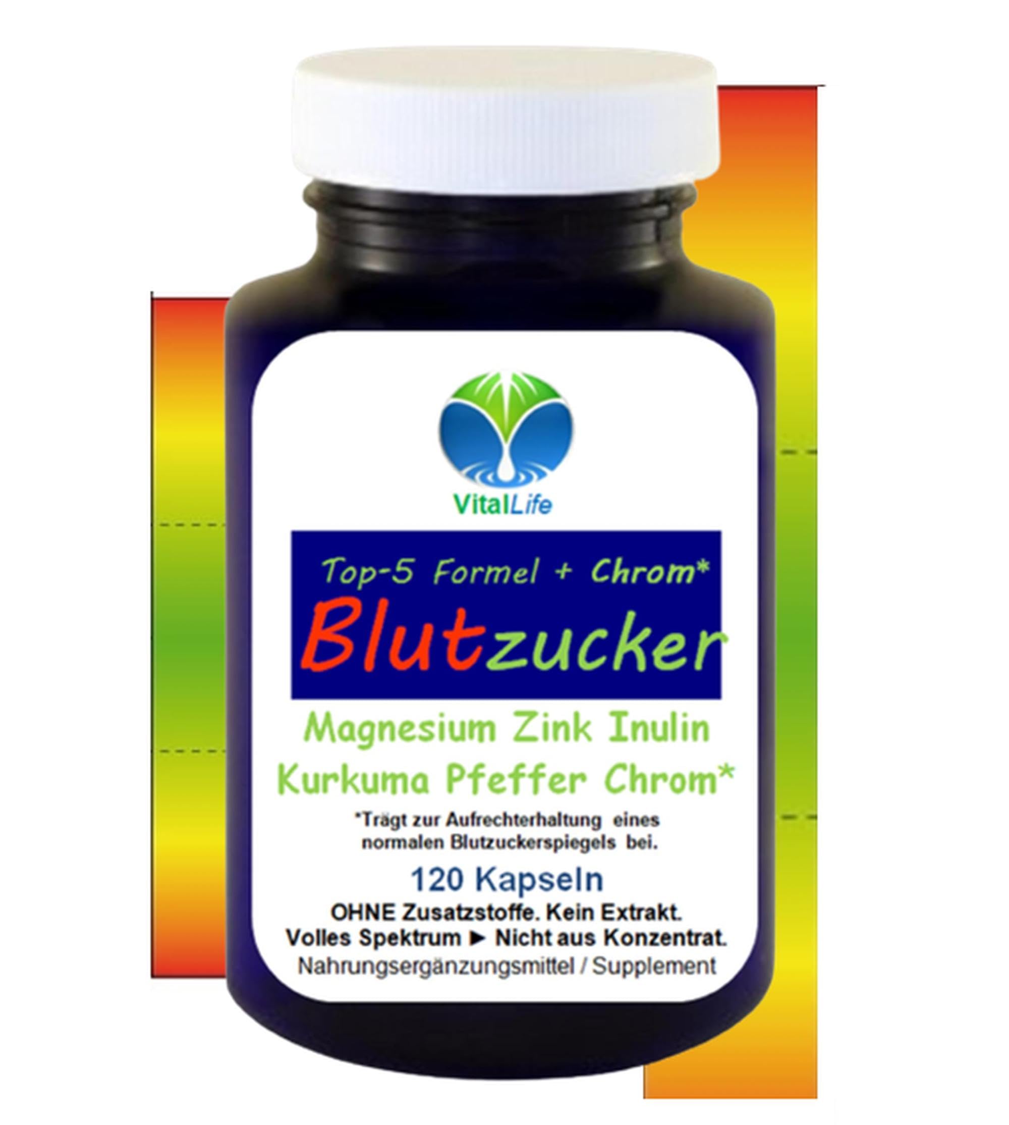 Blutzucker Komplex TOP-5 Formel + CHROM* 120 KAPSELN für NORMALWERTE UND normalen Blutzuckerspiegel + MAGNESIUM - ZINK - INULIN - KURKUMA - PIPERIN. OHNE ZUSATZSTOFFE. 27355-120