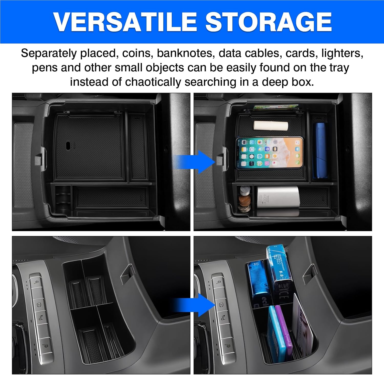 Autorder 2PCS Center Console Organizer for Kia Carnival 2022-2025 2026 Accessories Armrest Storage Box Secondary Insert Tray with Black Anti-Slip Mat（Front Tray + Armrest Organizer）