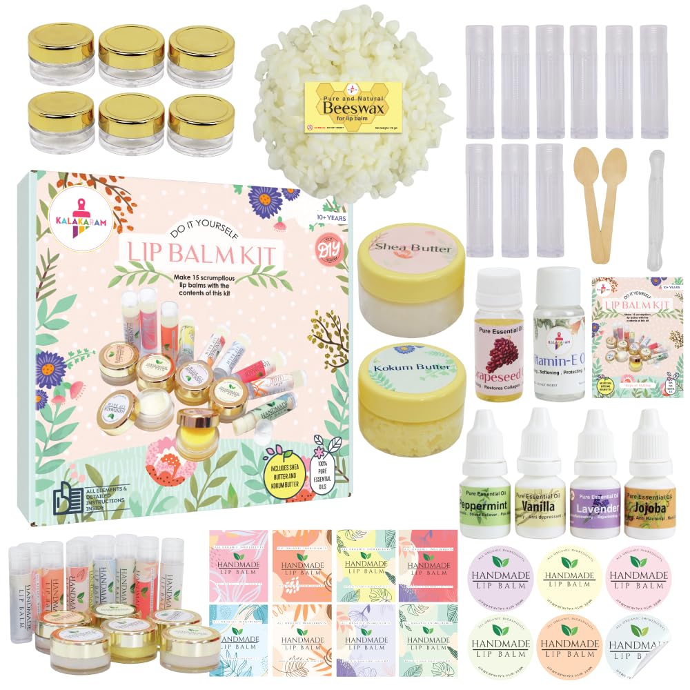 Photo 1 of Kalakaram DIY Lip Balm Making Kit - Make 15 Lip Balms with Shea & Kukum Butter, Beeswax, Vitamin E Oil, Grapeseed & Essential Oils, DIY Activity Kit for Kids & Craft Kit for Girls 9-12