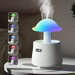 AVEKI Mushroom Humidifiers for Bedroom with Bluetooth Speaker 600ml Cute Rain Cloud Humidifier with Colorful Mood Light Clock