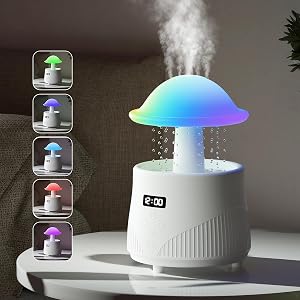 AVEKI Mushroom Humidifiers for Bedroom with Bluetooth Speaker 600ml Cute Rain Cloud Humidifier with Colorful Mood Light Clock